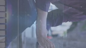 Animation of statistical data processing over mid section of a man using tablet on the street. Computer interface and business data technology concept - Powered by Shutterstock - Get 15% off with code: PIKWIZARD15