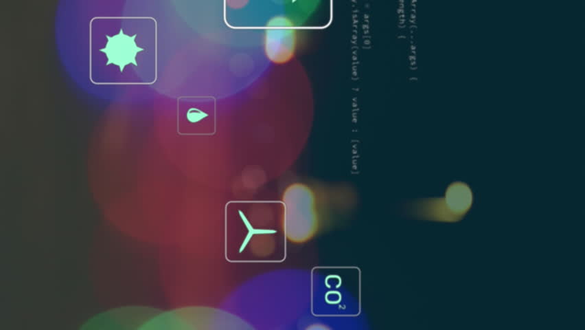 Animation of multiple icons and computer language over blurred vehicles moving on street in city. Digital composite, multiple exposure, hazardous, carbon dioxide, coding, transportation, technology. - Powered by Shutterstock - Get 15% off with code: PIKWIZARD15