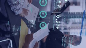 Animation of diagrams and data processing over diverse colleagues discussing work in office. Global business, teamwork and digital interface concept digitally generated video. - Powered by Shutterstock - Get 15% off with code: PIKWIZARD15