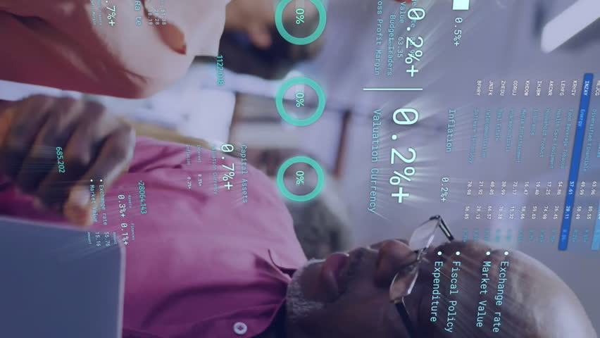 Animation of diagrams and data processing over diverse colleagues discussing work in office. Global business, teamwork and digital interface concept digitally generated video. - Powered by Shutterstock - Get 15% off with code: PIKWIZARD15