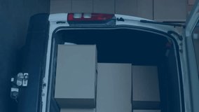 Computer code animation over delivery worker loading packages into van. Technology, logistics, transportation, parcels, coding, programming - Powered by Shutterstock - Get 15% off with code: PIKWIZARD15