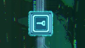Digital key icon and data encryption animation over world map and globe. Cybersecurity, global, data protection, technology, secure, network - Powered by Shutterstock - Get 15% off with code: PIKWIZARD15