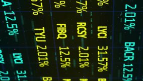 Animating stock market data with percentages and ticker symbols on digital screen. Finance, stock exchange, data visualization, statistics, trading, analysis - Powered by Shutterstock - Get 15% off with code: PIKWIZARD15