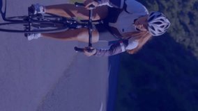 Cyclist on road with data processing animation over blue background. Cycling, technology, fitness, motion, sport, digital - Powered by Shutterstock - Get 15% off with code: PIKWIZARD15