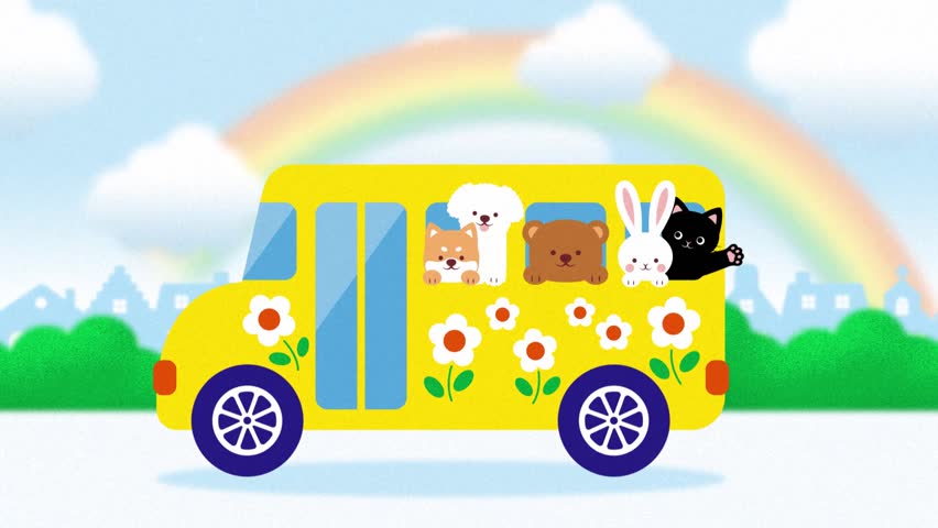 back to school background with animals on the colorful school bus driving on the road animation