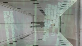 Animation of computer language, caucasian man looking at server racks while walking in server room. Digital composite, technology, coding, programming language, data center and networking concept. - Powered by Shutterstock - Get 15% off with code: PIKWIZARD15