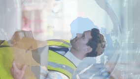 Animation of financial data processing over caucasian warehouse worker. global shipping, delivery, business, data processing and technology concept digitally generated video. - Powered by Shutterstock - Get 15% off with code: PIKWIZARD15