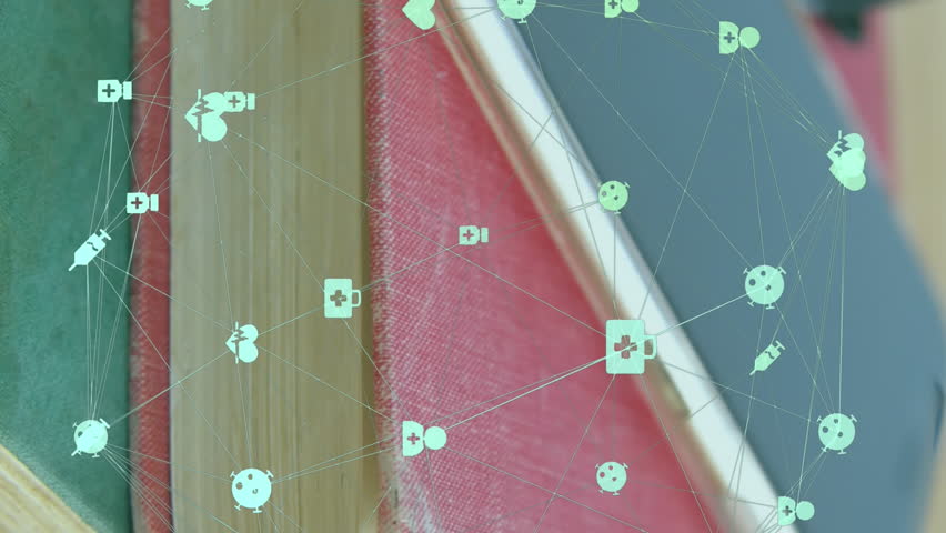 Animation of globe of digital icons over diary, coffee cup, glasses and smartphone on wooden table. Global networking and business technology concept