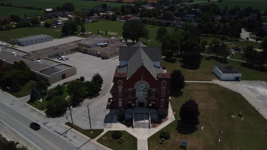 Aerial 4K Drone Footage of Church in Amherstburg Ontario Canada Surrounded by Small Town Streets