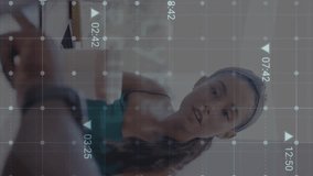 Animation of cyber security text, barcode, sustainable icon, diverse coworker discussing over laptop. Composite, protection, privacy, data, network, technology, grid, business, teamwork and office. - Powered by Shutterstock - Get 15% off with code: PIKWIZARD15