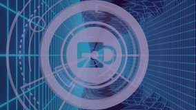 Animation of padlock in loading circles, dynamic waves, computer language over 3d mountains. Digitally generated, hologram, protection, progress, landscape, coding and technology concept. - Powered by Shutterstock - Get 15% off with code: PIKWIZARD15