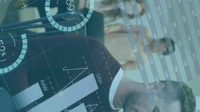 Animation of infographic interface over thoughtful caucasian man drafting mail on laptop in office. Digital composite, multiple exposure, report, business, growth, globe and technology concept. - Powered by Shutterstock - Get 15% off with code: PIKWIZARD15