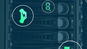 Animation of icon in circles over back panel of data server system in server room. Digital composite, multiple exposure, hazardous, recycle, data center, networking, technology and network server. - Powered by Shutterstock - Get 15% off with code: PIKWIZARD15