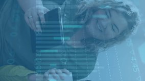 Animation of statistical data processing over diverse lesbian couple using tablet together at home. Lgbt relationship concept - Powered by Shutterstock - Get 15% off with code: PIKWIZARD15