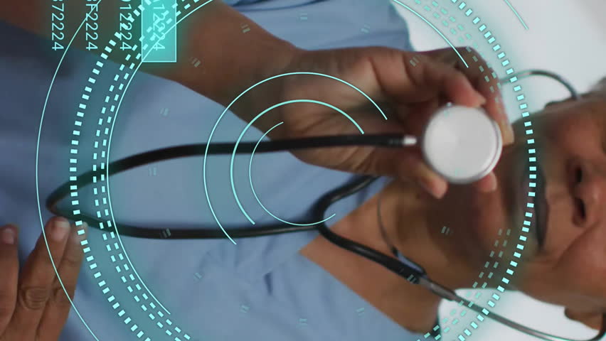 Animation of scope scanning and data processing over african american female doctor in hospital. Global medicine, healthcare, computing and digital interface concept digitally generated video. - Powered by Shutterstock - Get 15% off with code: PIKWIZARD15