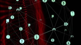 Animation of globe of connections with icons over red spots on black background. Global technology, computing, connections and digital interface concept digitally generated video. - Powered by Shutterstock - Get 15% off with code: PIKWIZARD15