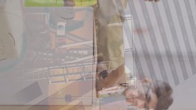 Animation of financial data processing over diverse workers in warehouse. Global finances, delivery, shipping and digital interface concept digitally generated video. - Powered by Shutterstock - Get 15% off with code: PIKWIZARD15