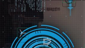 Animation of data processing and scope scanning over cityscape. Global data processing, business, finance and digital interface concept digitally generated video. - Powered by Shutterstock - Get 15% off with code: PIKWIZARD15