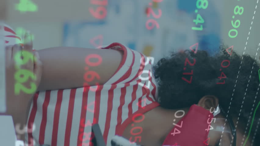 Animation of data processing over african american schoolgirl with face mask using microscope. global education, science and school concept digitally generated video. - Powered by Shutterstock - Get 15% off with code: PIKWIZARD15