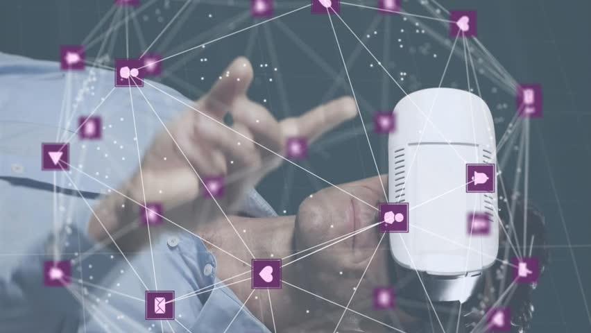 Animation of network of connections with icons over caucasian men wearing vr headset. Global science, connections, data processing and digital interface concept digitally generated video. - Powered by Shutterstock - Get 15% off with code: PIKWIZARD15