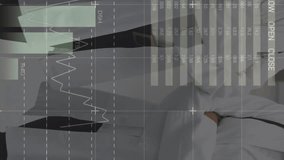 Animation of graphical infographic interface moving over portrait of confident multiracial doctors. Digital composite, hologram, data, report, teamwork, futuristic, medical and healthcare concept. - Powered by Shutterstock - Get 15% off with code: PIKWIZARD15