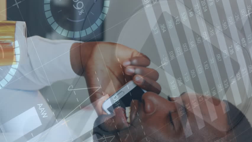 Animation of statistics and financial data processing over african american man using smartphone. Global business, connections, networks and data processing concept digitally generated video. - Powered by Shutterstock - Get 15% off with code: PIKWIZARD15