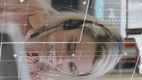 Animation of graphs, texts, programming language over caucasian female agent talking on headphones. Digital composite, multiple exposure, report, business, customer service, call center, technology. - Powered by Shutterstock - Get 15% off with code: PIKWIZARD15