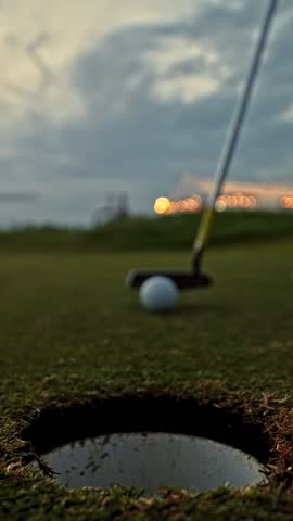 Sports Woman Playing on Green Golf Course and Hitting Ball by Club. Athletic Female Person is Real Winner at Championship League. Champion Pushing Golfball to Hole with Accuracy and Scoring in Round