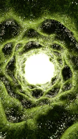 Nature Background Animation of Green Grass and Flowers Looped. Surreal Grassy Tunnel Covered in White Flowers Spiraling Glowing Center. Dreamy Hypnotic Scene Eco Fantasy Calmness and. 3D Illustration