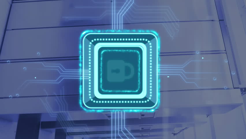 Animation of digital data processing, padlock icon, circuit board and computer servers. Global cyber security, connections, computing and data processing concept digitally generated video. - Powered by Shutterstock - Get 15% off with code: PIKWIZARD15