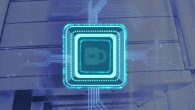 Animation of digital data processing, padlock icon, circuit board and computer servers. Global cyber security, connections, computing and data processing concept digitally generated video. - Powered by Shutterstock - Get 15% off with code: PIKWIZARD15