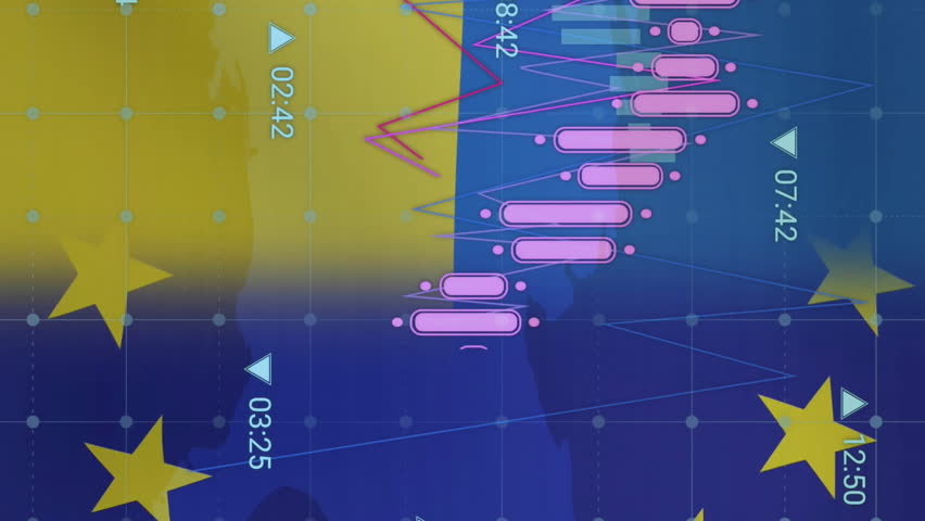 Financial data analysis animation over Ukraine and European Union flags. Economy, finance, collaboration, statistics, investment, growth - Powered by Shutterstock - Get 15% off with code: PIKWIZARD15