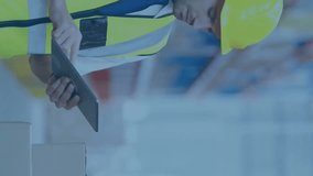 Warehouse worker using tablet, logistics data processing animation over warehouse background. technology, inventory, digital, supply chain, efficiency, management - Powered by Shutterstock - Get 15% off with code: PIKWIZARD15