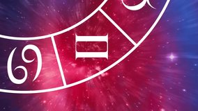 Animation of spinning zodiac sign wheel over stars on glowing pink to purple sky. astrology, star signs chart and universe concept digitally generated video. - Powered by Shutterstock - Get 15% off with code: PIKWIZARD15