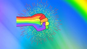 Animation of rainbow fist and rainbow stripes over rainbow background. lgbtq pride and equality celebration concept digitally generated video. - Powered by Shutterstock - Get 15% off with code: PIKWIZARD15