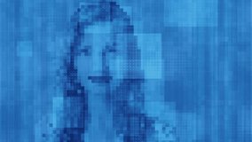 Digital portrait emerges through pixelated blue data stream, virtual identity forms in cyberspace networking visualization - Powered by Shutterstock - Get 15% off with code: PIKWIZARD15