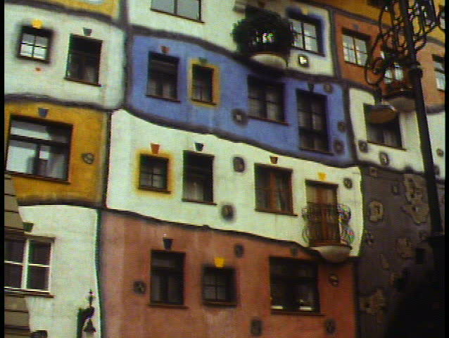 Vienna, Austria, Hunterwasser Apartments, colorful, lively, art noveau, medium shot, tilt up