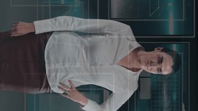 Animation of caucasian businesswoman using touchscreen with diverse data. business, data processing and technology concept digitally generated video. - Powered by Shutterstock - Get 15% off with code: PIKWIZARD15