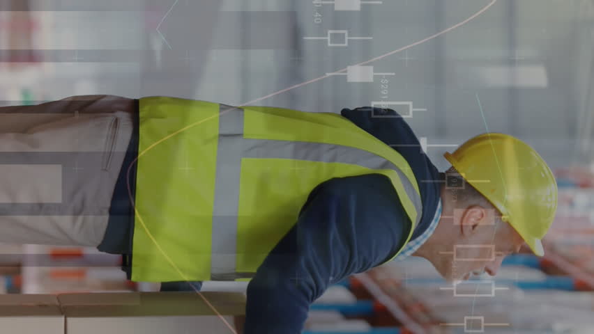 Statistical data processing over caucasian senior worker holding his back in pain at warehouse. Logistics business and technology concept - Powered by Shutterstock - Get 15% off with code: PIKWIZARD15