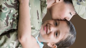 Animation of caucasian female soldier with daughter and snow globe over snow falling. Christmas, celebration and digital interface concept digitally generated video. - Powered by Shutterstock - Get 15% off with code: PIKWIZARD15