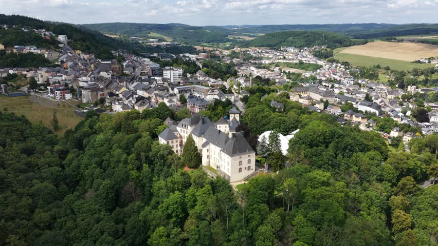 Wiltz Castle, architecture, history, museums, and cultural events. Luxembourg. Aerial view.