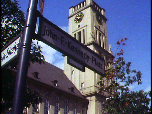 Berlin, Germany, Berlin Town Hall, JFK Platz street sign, medium shot, tilt up