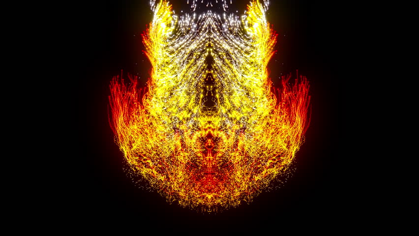 Abstract particle animation with dense cluttered particles with fluid like motion forming a phoenix shape over black background. 4K looping.