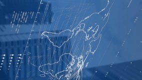 A view of an office building on a sunny day, with a digital animation of a white dashboard with data graphs and a earth map on a green screen background. Global business connections and data - Powered by Shutterstock - Get 15% off with code: PIKWIZARD15