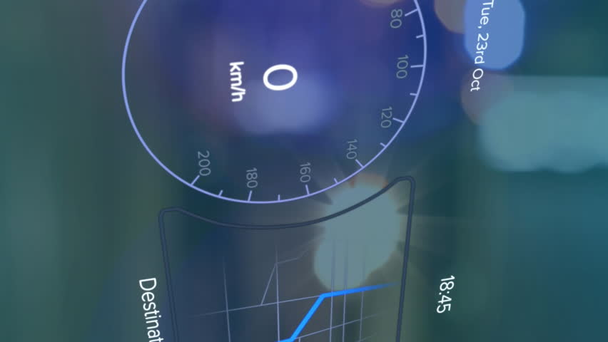 Animation of electric car speedometer data processing over city. Global electric car travel, business, finances, computing and data processing concept digitally generated video. - Powered by Shutterstock - Get 15% off with code: PIKWIZARD15