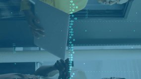 Animation of graph over diverse female coworkers standing and sharing ideas in office. Digital composite, multiple exposure, report, business, planning, discussion, teamwork and technology concept. - Powered by Shutterstock - Get 15% off with code: PIKWIZARD15