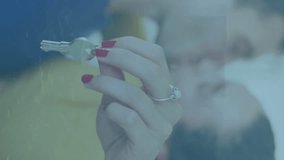 Animation of graphs, trading board over caucasian woman holding key and kissing man at home. Digital composite, multiple exposure, report, business, stock market, love, togetherness concept. - Powered by Shutterstock - Get 15% off with code: PIKWIZARD15