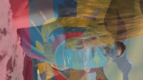 Animation of flag of ecuador waving over diverse friends enjoying at beach. Digital composite, multiple exposure, togetherness, friendship, freedom, government and patriotism concept. - Powered by Shutterstock - Get 15% off with code: PIKWIZARD15