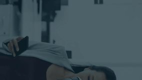 Animation of financial data processing over businesswoman using smartphone. Global finance, business, connections, computing and data processing concept digitally generated video. - Powered by Shutterstock - Get 15% off with code: PIKWIZARD15