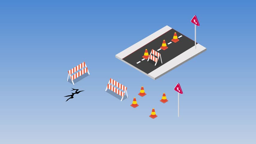 a road construction scene with orange traffic cones, barriers, and road signs indicating a detour isometric 3d animation cartoon